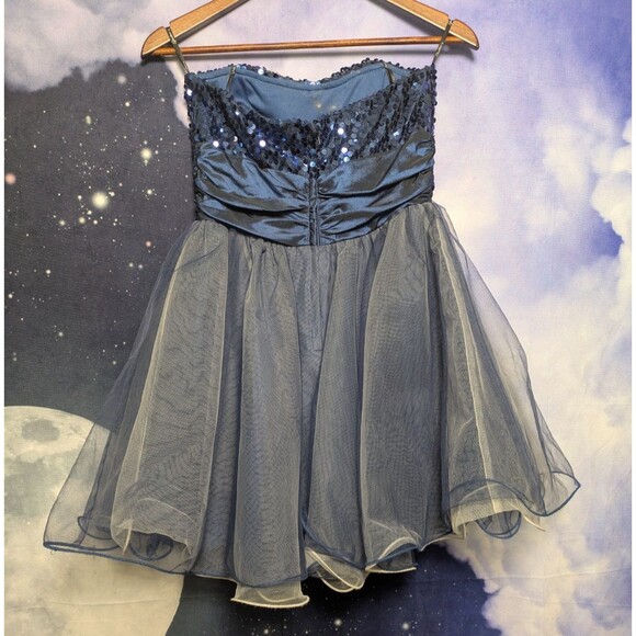Navy Blue Sequin Strapless Tulle Party Dress Size 3 Prom Homecoming Speechless - Picture 4 of 11